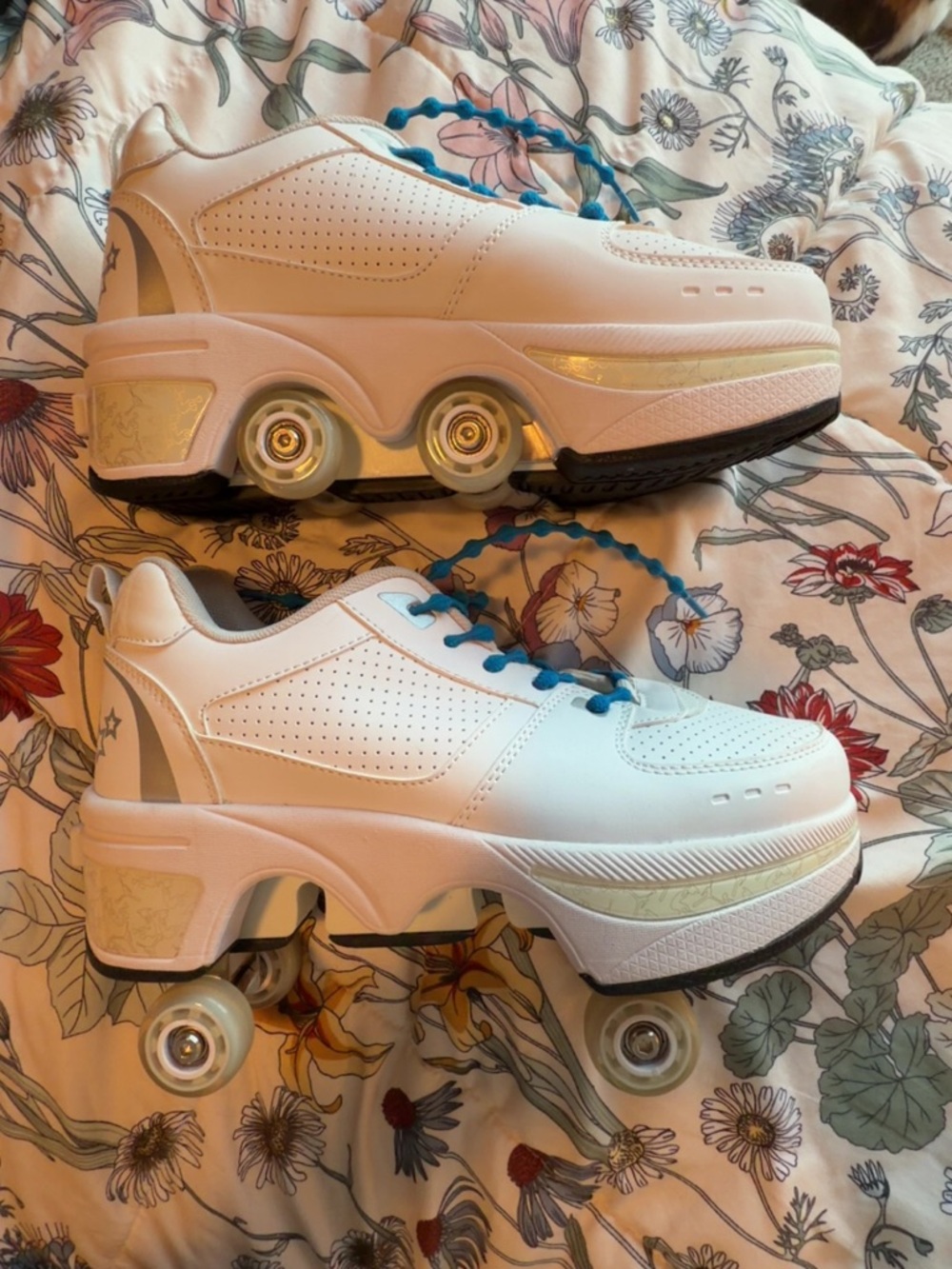 White Platform Roller Shoes with Blue Laces